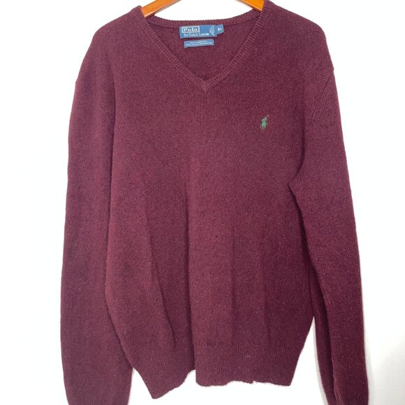 Polo Ralph Lauren Men's Sweater Lambswool Size XL V-Neck Maroon Long Sleeve - Picture 1 of 8